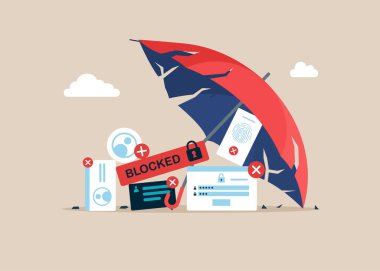 Kırık bir şemsiye altında kırılmış bir kimlik kartı Hacker Siber Saldırı sansürü. Konsepti bozmak, çalmak. Düz vektör illüstrasyonu