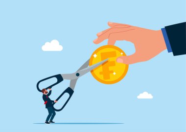 İsviçre Frangı 'nı kesmek için makas. Parayı bölüşür, karı paylaşırız. Maliyet indirimi ya da indirimli fiyat. Düz vektör illüstrasyonu.