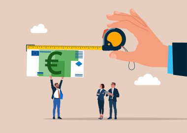 El ele tutuşma şeridi ve Euro banknotu işadamlarının elinde. Yatırım, servet, harcama, enflasyon ve tasarruf kaybı kavramı. Avrupa Birliği. Para bir mezura ile ölçüldü.