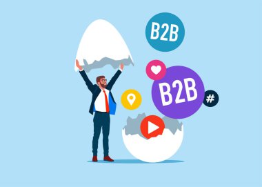 İş adamı yumurtadan çıkan yumurtayı içinde B2B sözcüğü olan bir balon içinde buldu. B2B pazarlama. Sosyal medya ağı reklamları ve internet. SMM, internet tebligatı. Düz vektör illüstrasyonu.