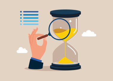 Kum saatine büyüteçle bakmak optimizasyon, izleme, görev yönetimi, iş planlaması, verimlilik. 