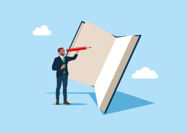 El yazısı, günlük kavramı. Kağıt deftere yazan bir iş adamı. Kırmızı kalem tutan kişinin not defterine yazdığı notlar. Düz vektör illüstrasyonu 