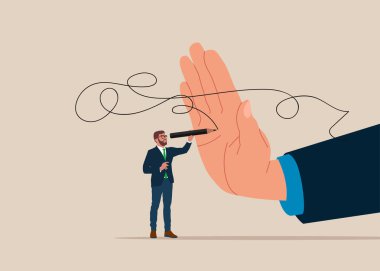 İnsan eli hareketi durdurur. Kalem çizmek ve yeni fikirler yasaktır. Başarıya ulaşmak için mesleki zorluklar ya da mücadele. Düz vektör illüstrasyonu