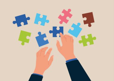 Beyin fırtınası. İşbirliği, kafalarının üstündeki yapboz parçalarıyla tartışmak. Takım çalışması ve birlik. Düz biçimli modern vektör illüstrasyonu