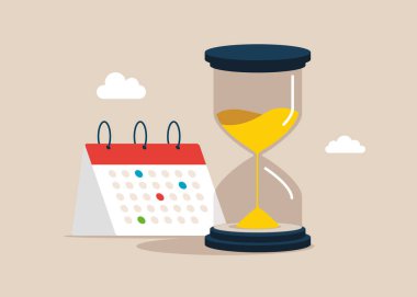 Zaman yönetimi. Çalışma sürecini düzenliyorum. Randevu planlama ve planlama. Kum saati ve takvim. Vektör illüstrasyonu