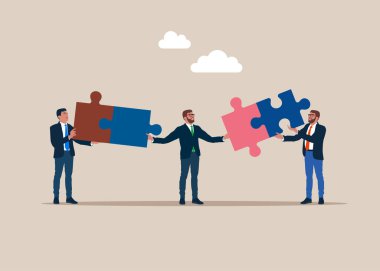 Yapboz 'u birbirine bağlayan iş adamı. İş sorununu, iş bağlantısı kavramını çözmeyi düşünüyorum. Düz vektör illüstrasyonu.