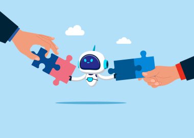 Cyborg yapbozu birbirine bağlıyor. Teknoloji problemini, dijital bağlantı kavramını çözmeyi düşünüyorum. Düz vektör illüstrasyonu.