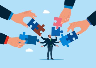 Yapboz 'u birbirine bağlayan iş adamları. İşbirliği, ortaklık, iş, yatırım. Düz vektör illüstrasyonu.