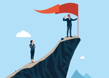 İş liderliği ve destek kavramı. Dağların zirvesinde kırmızı bayrak sallayan bir iş adamı. Düz vektör illüstrasyonu