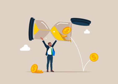 Sızdıran parayla cam bir kum saati tutan bir iş adamı. Düz vektör illüstrasyonu