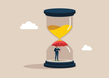 İş adamı güneş şemsiyesi altında kum saatine mal olur. Kriz. Zaman yönetimi. Düz vektör illüstrasyonu 