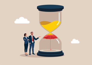 Şemsiyenin altındaki kum saatinin içinde. Kriz. Zaman yönetimi. Düz vektör illüstrasyonu 