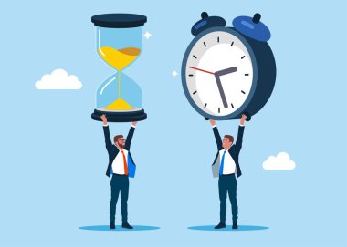 Çalar saatli kum saati tutan iki işadamı. Düz vektör illüstrasyonu