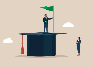 Eğitim konsepti. Başarı şirketi. Havan topu şapkalı bir iş adamı. Sonraki aşama. Düz vektör illüstrasyonu 