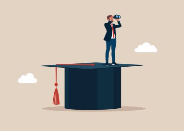 Girişimci havan topu şapka fikrinin üzerinde duruyor. Dürbünle yüksek öğrenim fırsatını değerlendiriyor. Yeni bir çözüm ya da fikir, merak ve başarı kavramını keşfetme vizyonu. Vektör