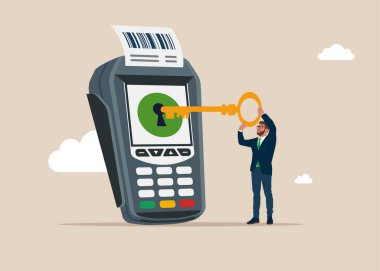 Anahtar ve POS satış noktası olan bir iş adamı kredi kartı ödemesi için. Terminal şifreleme. Düz biçimli modern vektör illüstrasyonu