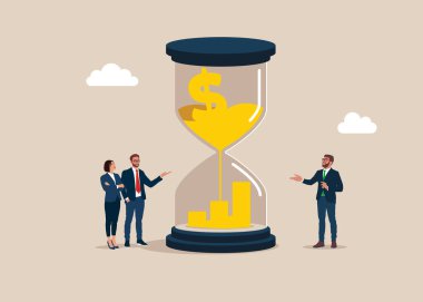 Kum saatinden akan dolar işaretinden oluşan yükselen kar büyüme grafiği. Yatırım kar artışı. Zengin olmak için para kazanmak, geliri arttırmak ya da geliri arttırmak için. Vektör