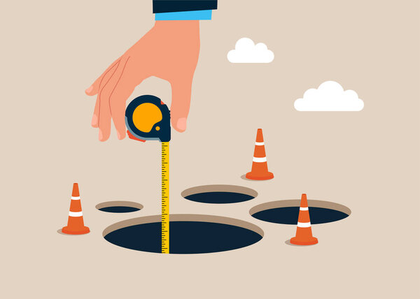 Рука с помощью линейки измеряет глубину скважины оценки бизнес-риска. Избегайте ловушек, невзгод, навыков и творчества для решения проблемы концепции. Современная векторная иллюстрация в плоском стиле