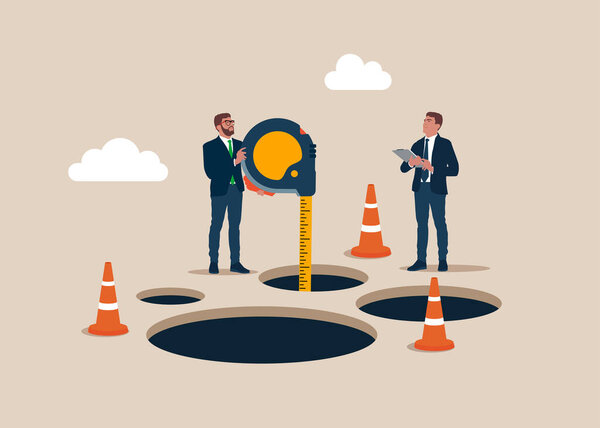 Бизнесмен, использующий линейку, измеряет глубину дыры, оценивая бизнес-риск. Избегайте ловушек, невзгод, навыков и творчества для решения проблемы концепции. Современная векторная иллюстрация в плоском стиле