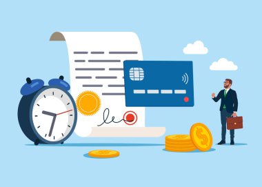 İş teknolojisi. Para, güvenlik. Ödeme kartı ve saat alarmı yönetimi. Vektör düz resimleme