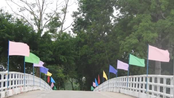 Vântul Suflat Steaguri Multicolore Cer Deasupra Podului Înveseleşte Corzile Colorate — Videoclip de stoc