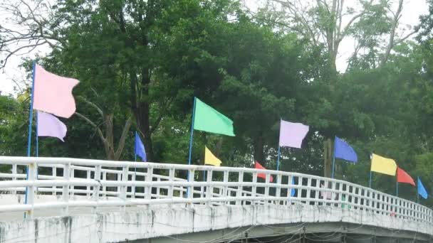 Ветер Развевал Разноцветные Флаги Небе Над Мостом Веселитесь Миллионеры Севере — стоковое видео