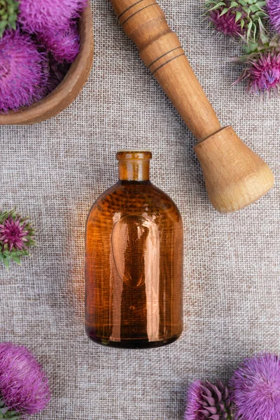 Burdock Kepala Bunga Botol Infus Konkresi Herbal Atau Obat Homeopati — Stok Foto