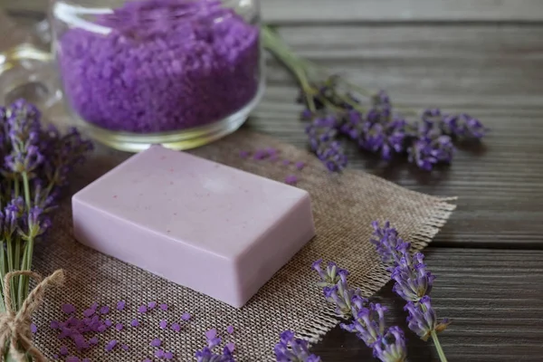 Lavender Spa Products Lavender Flowers Table Handmade Soap Essential Oil — Stock Photo, Image