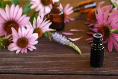 Ahşap masanın üzerinde aroma yağı olan kompozisyon, yakın plan. Ahşap masanın üzerinde ekinezya aromalı bir şişe. Çiçek yağı. Bitkisel ilaçlar. Yan görünüm, metin için boşluk kopyala. Seçici odak.