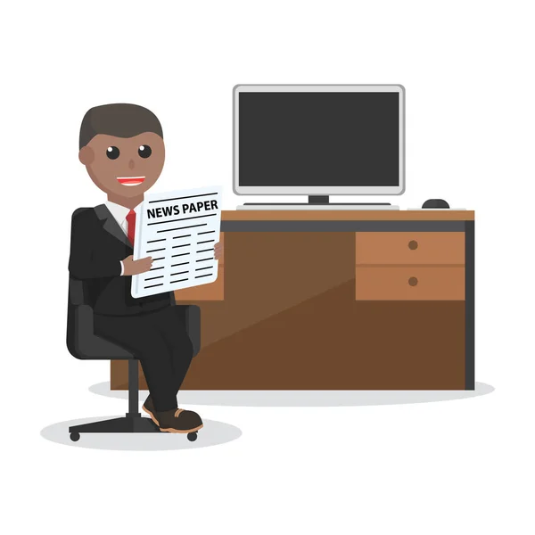 Επιχειρηματίας Αφρικανικός Ανάγνωση Εφημερίδα Σχετικά Γραφείο Καρέκλα Σχεδιασμό Χαρακτήρα Λευκό — Διανυσματικό Αρχείο