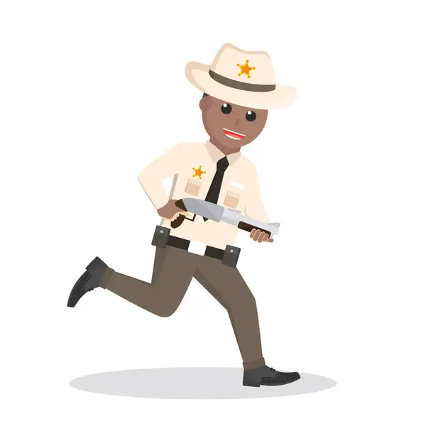 白い背景にショットガンのデザインキャラクターを持つ保安官アフリカ人 — ストックベクタ