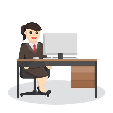 İş kadını beyaz arka planda ofis masası tasarım karakterinde çalışıyor.