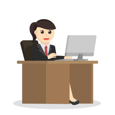 İş kadını beyaz arka planda ofis masası tasarım karakterinde çalışıyor.