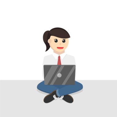 İş kadını sekreteri beyaz arka planda dizüstü bilgisayar tasarım karakteri ile çalışıyor