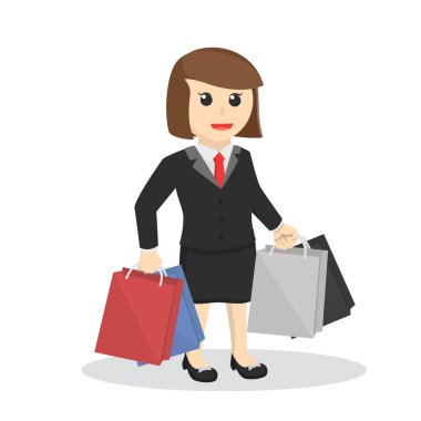 İş kadını sekreteri kısa saçlı alışveriş çantası taşıyan beyaz arka planda tasarım karakteri.