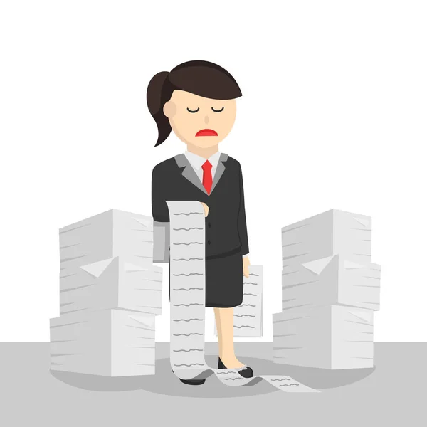 Geschäftsfrau Sekretärin Stress Weil Arbeitspapier Design Charakter Auf Weißem Hintergrund — Stockvektor