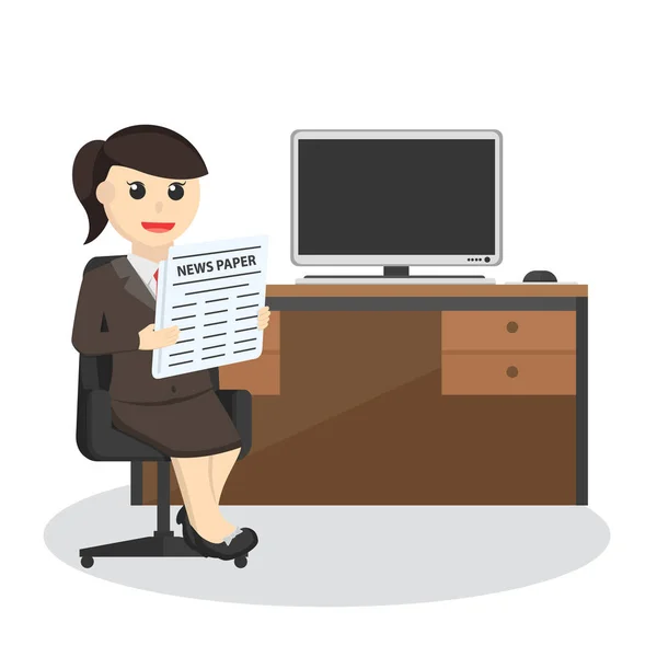 Obchodní Žena Sekretářka Čtení Novin Kancelářské Židle Design Znak Bílém — Stockový vektor