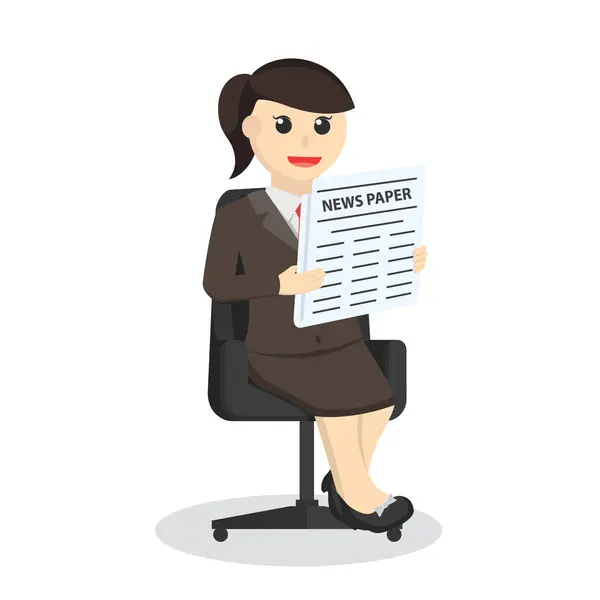 Business Woman Secretary Reading Εφημερίδα Στο Σχεδιασμό Καρέκλα Χαρακτήρα Λευκό — Διανυσματικό Αρχείο