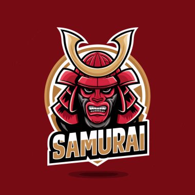 samurai design character logo with text on red background