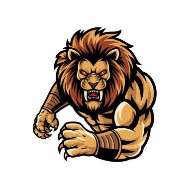 lion muscular attacking pose with claws design illustration logo on white background clipart