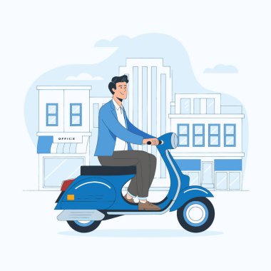 İş adamı şehir arka planında scooter motorsiklet çizim tasarımı ile çalışacak