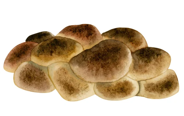 Akvarel Challah Židovský Chléb Čerstvé Domácí Pletené Vaječný Chléb Ilustrace — Stock fotografie