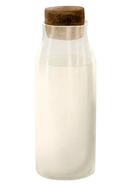 Стеклянная Бутылка Акварельного Молока Коричневой Пробки Иллюстрации Изолированы Белом Фермерских — стоковое фото