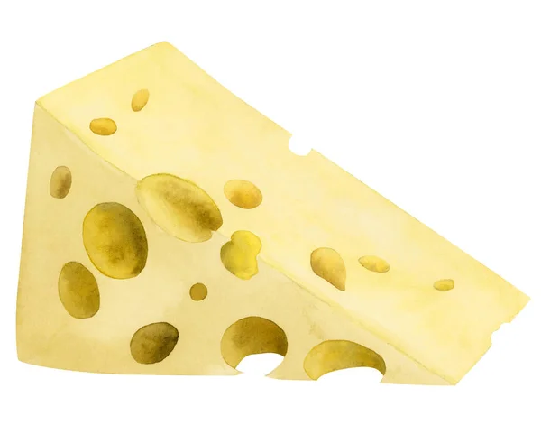 瑞士奶酪水彩画三角形片 带有孔插图的装饰或切达 奶类食品 乳制品 从白色背景中分离出来 用于菜单 沙窝设计 — 图库照片