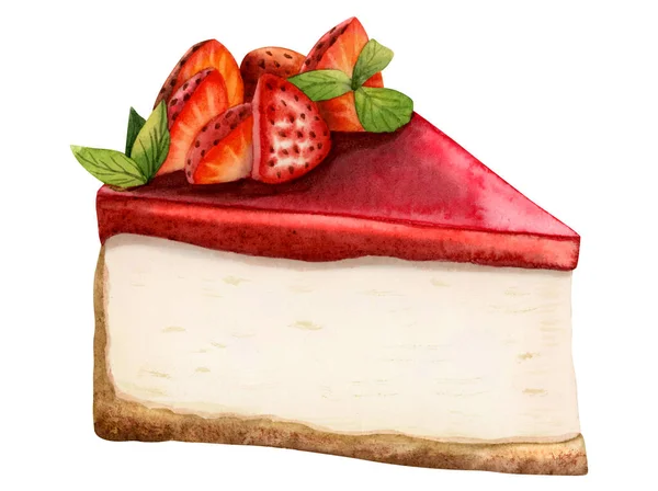 水彩画草莓芝士蛋糕甜点插图孤立在白色背景 带有红色浆果和绿色薄荷叶的美味三角形蛋糕片 — 图库照片