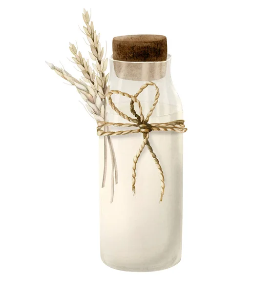 Yay Buğday Kulaklarıyla Süslenmiş Suluboya Cam Süt Şişesi Beyaz Arka — Stok fotoğraf