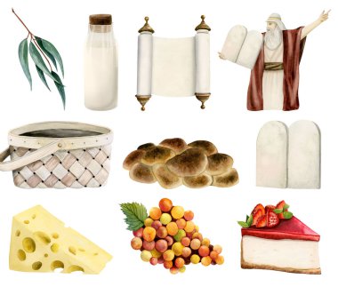 Suluboya Shavuot sembolleri geleneksel yiyecek ve içeceklerle bembeyaz çizilmiş. Challah ekmeği, süt, peynir, üzüm, pasta. On Emir Tabletli Musa, Tevrat Parşömeni.