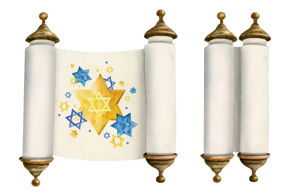 水彩画開いて閉じトーラーは デビッドのイラストの黄色の青い星とスクロールは 白の背景に隔離されたユダヤのデザインを設定 — ストック写真