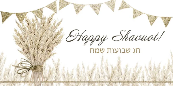 水彩ハッピーShavuot挨拶バナー小麦畑と花束 金の旗とヘブライ語チャグSameachイラスト白の背景に隔離された 水平ユダヤ人の休日カード — ストック写真