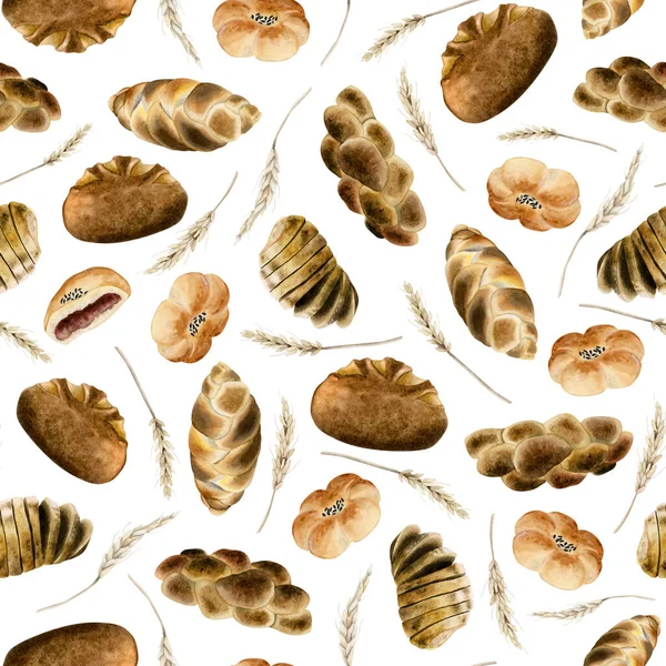 Aquarell Frisches Brot Und Süße Brötchen Nahtlose Muster Verschiedene Arten — Stockfoto